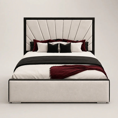 Luxury upholstered bed with tufted headboard, black and burgundy bedding, modern bedroom furniture