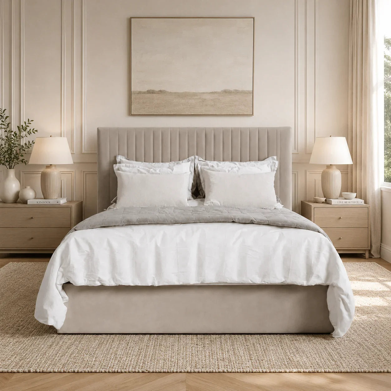 Luxury beige upholstered bed with white linens in a serene bedroom, perfect for modern UK homes.