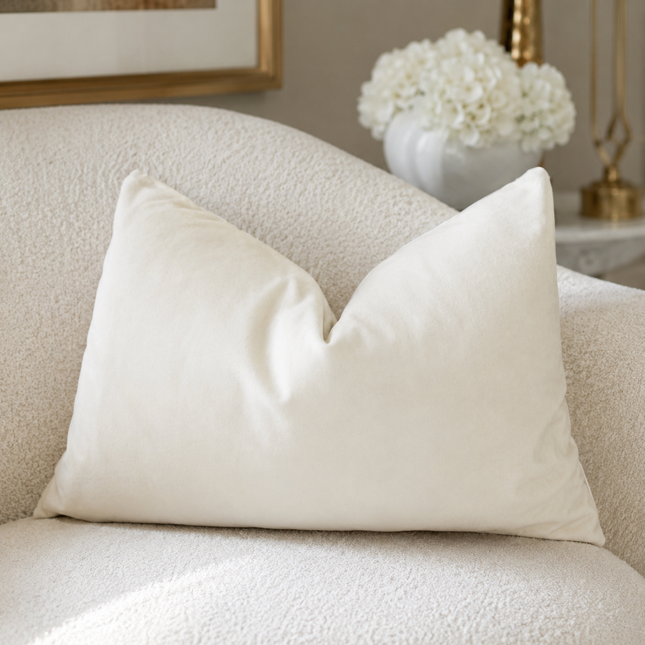 Cream velvet throw pillow on textured sofa, luxury home decor with white hydrangeas