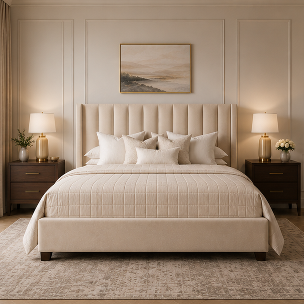 Luxury beige upholstered bed with tufted headboard, matching nightstands, and soft bedding in modern bedroom