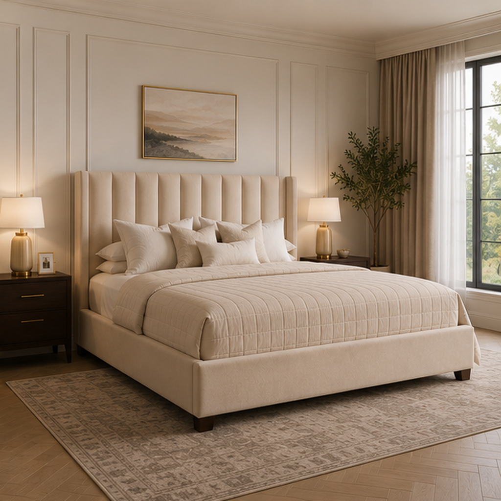 Luxury beige upholstered bed with tufted headboard in elegant bedroom, perfect for UK homes