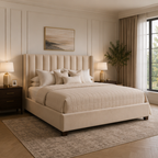 Luxury beige upholstered bed with tufted headboard in elegant bedroom, perfect for UK homes