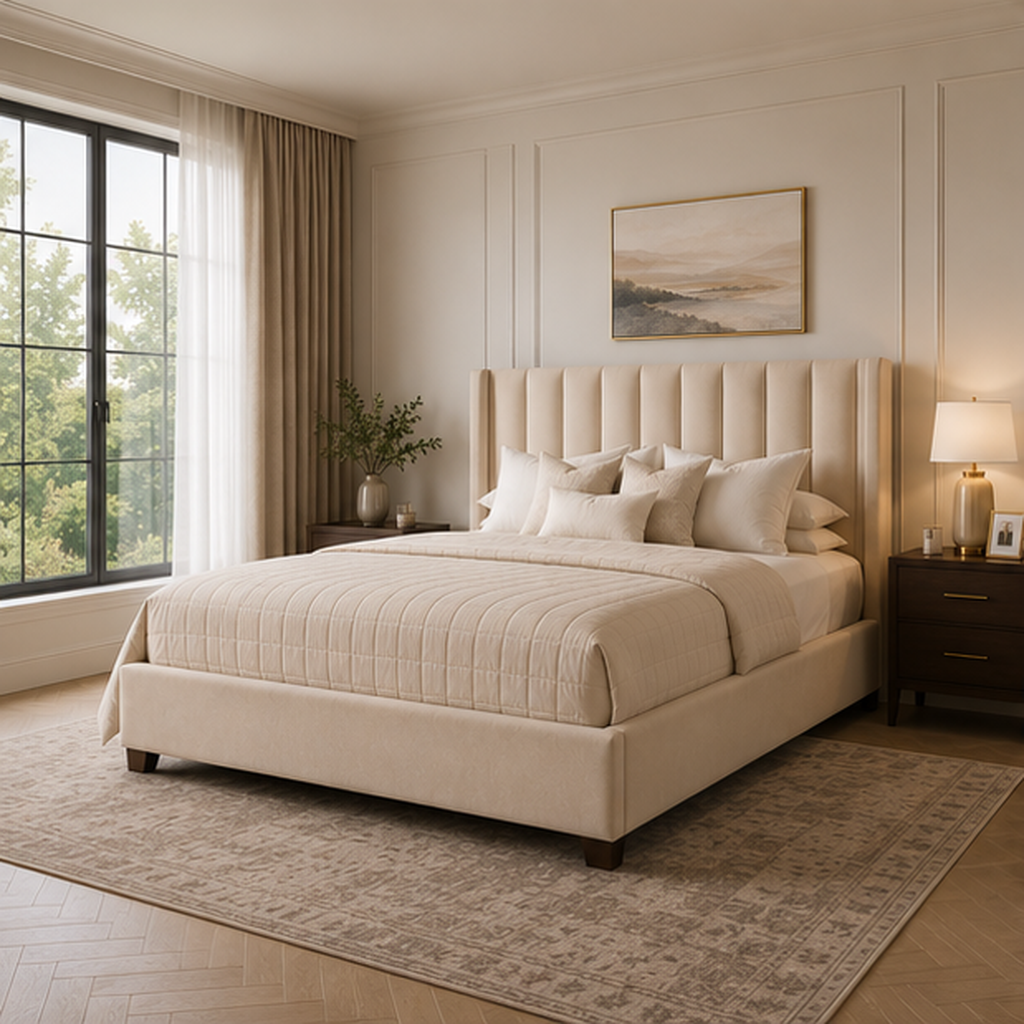 Luxury upholstered bed with tufted headboard in neutral tones, styled with plush pillows and quilted bedding in modern bedroom.
