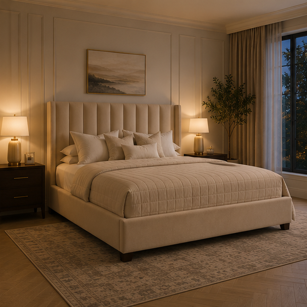 Luxury beige upholstered bed with tufted headboard in cozy bedroom, perfect for modern home decor