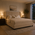 Luxury beige upholstered bed with tufted headboard in cozy bedroom, perfect for modern home decor