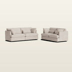 Luxury beige fabric sofas with plush cushions, modern design for living room comfort