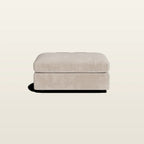 Beige fabric ottoman with cushioned top, ideal for luxury living room seating and comfort.