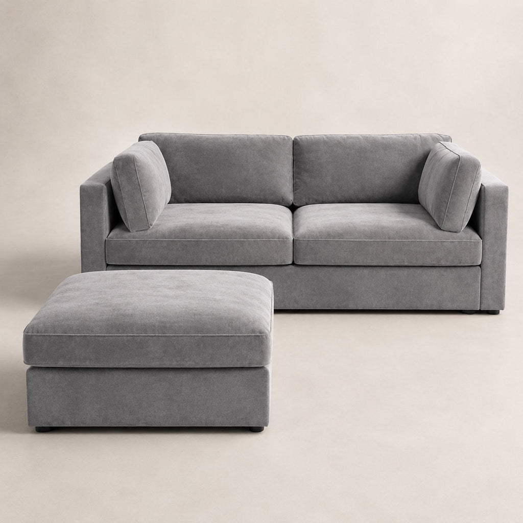 Bellano 2 Seater Sofa + Footstool in Luxe Steel Grey Luxe Chenille
