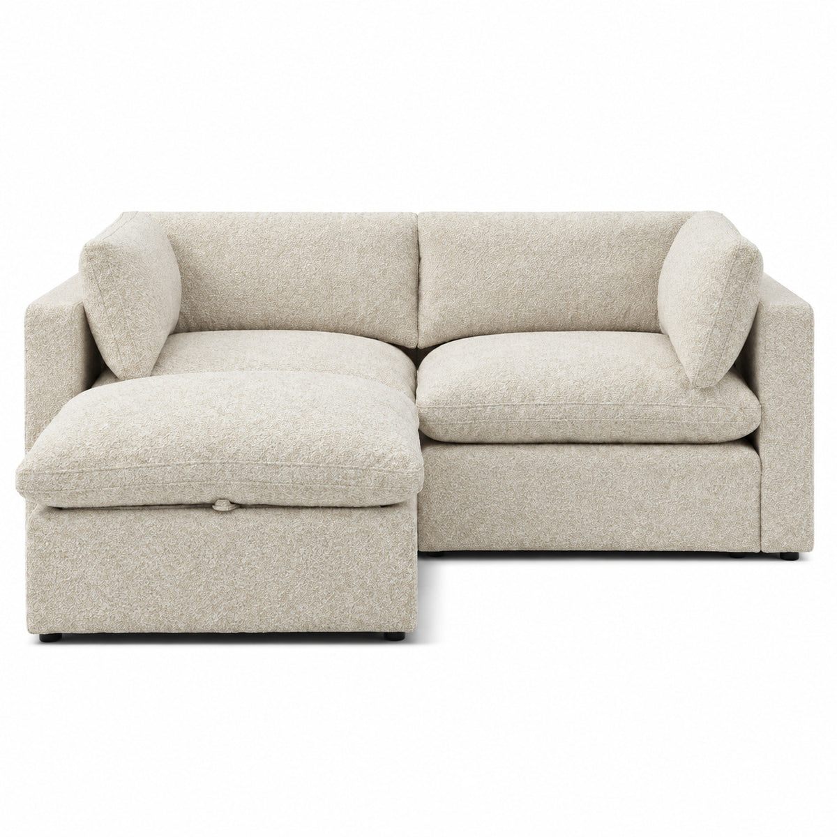 Bellano 2 Seater Sofa + Footstool — Bouclé Meringue — Pillow — Extra-soft fibre & feather