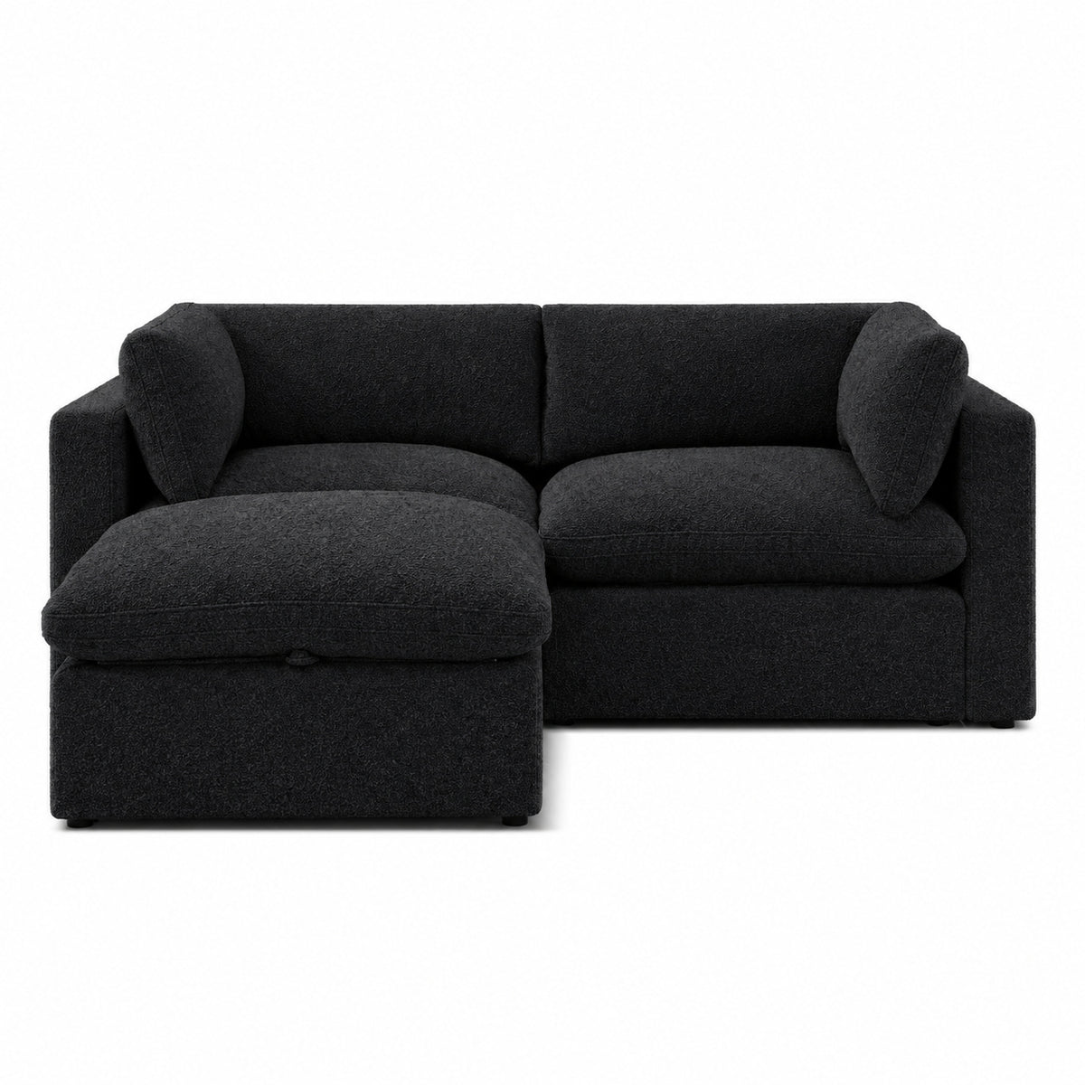 Bellano 2 Seater Sofa + Footstool — Bouclé Midnight — Pillow — Extra-soft fibre & feather