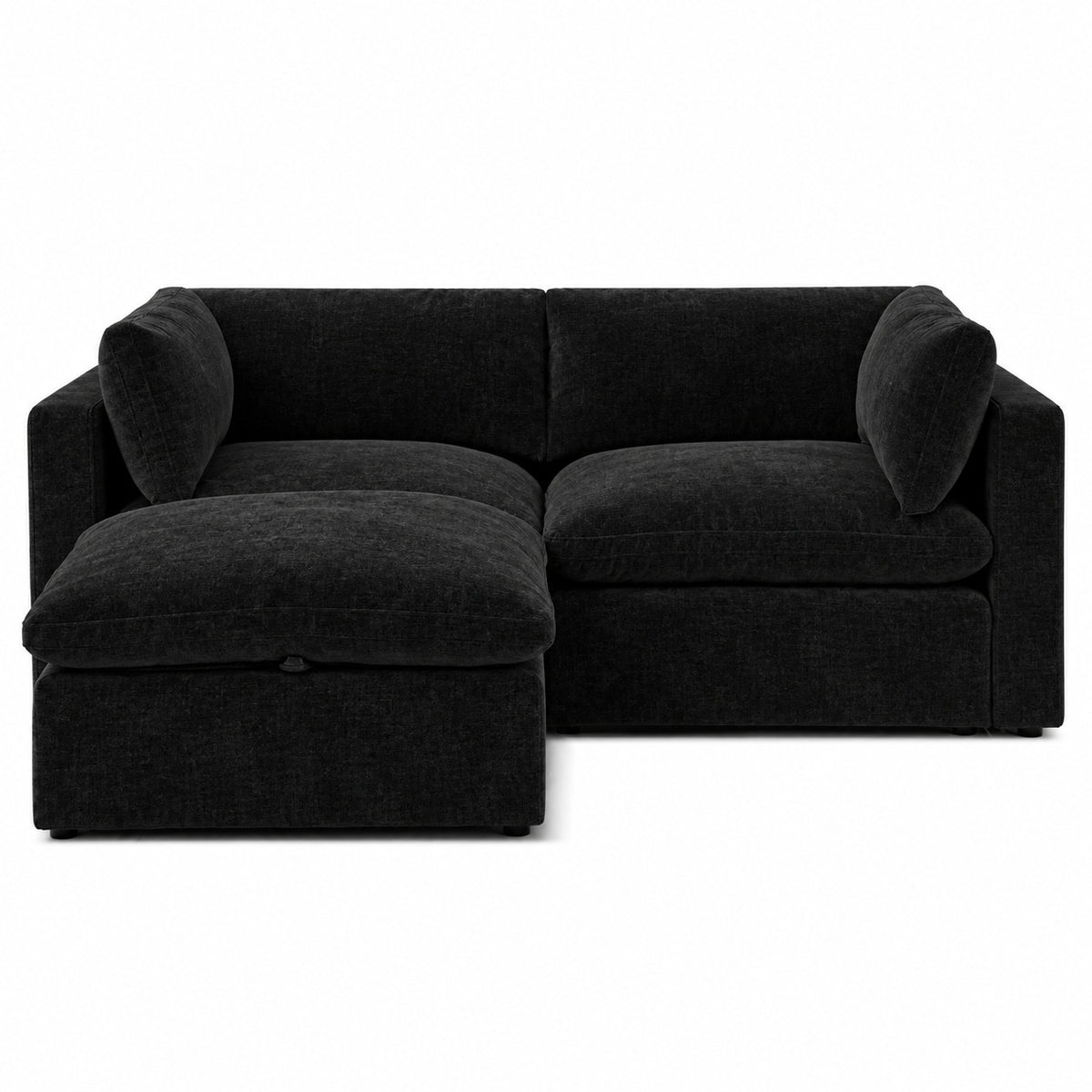Bellano 2 Seater Sofa + Footstool — Luxe Chenille Black Top — Pillow — Extra-soft fibre & feather