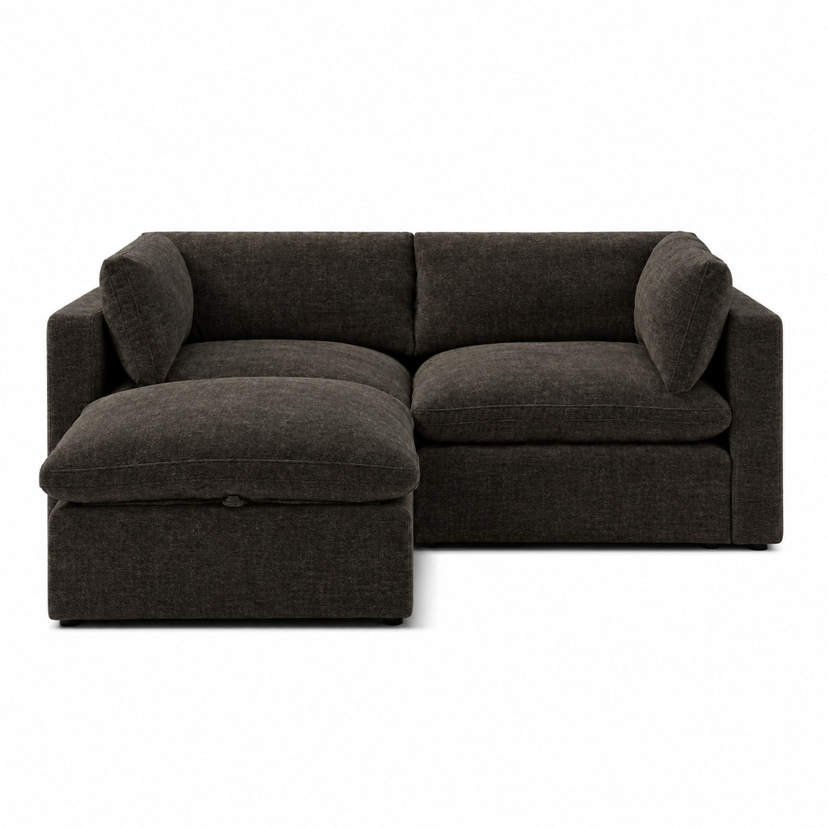 Bellano 2 Seater Sofa + Footstool — Luxe Chenille Double Espresso — Pillow — Extra-soft fibre & feather