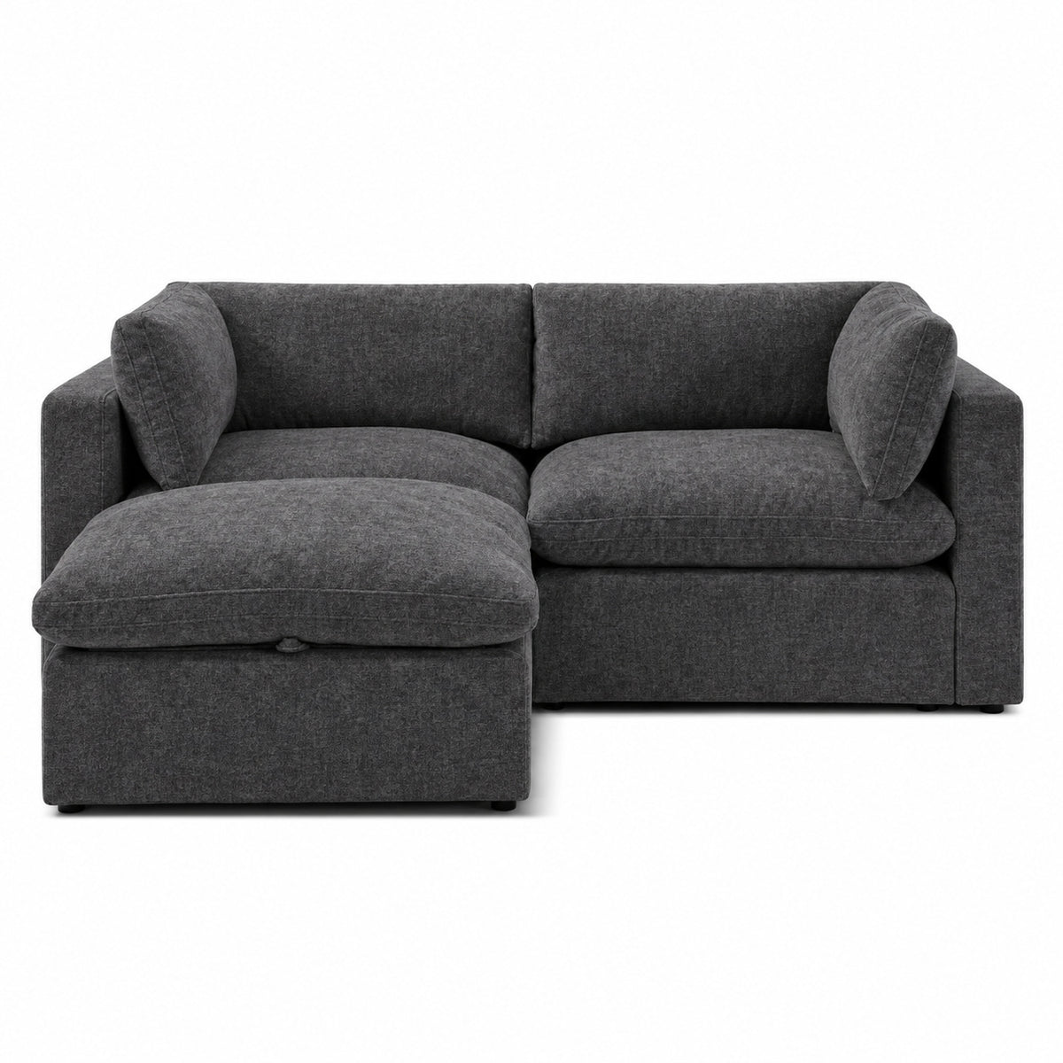 Bellano 2 Seater Sofa + Footstool — Luxe Chenille Luxe Steel — Pillow — Extra-soft fibre & feather