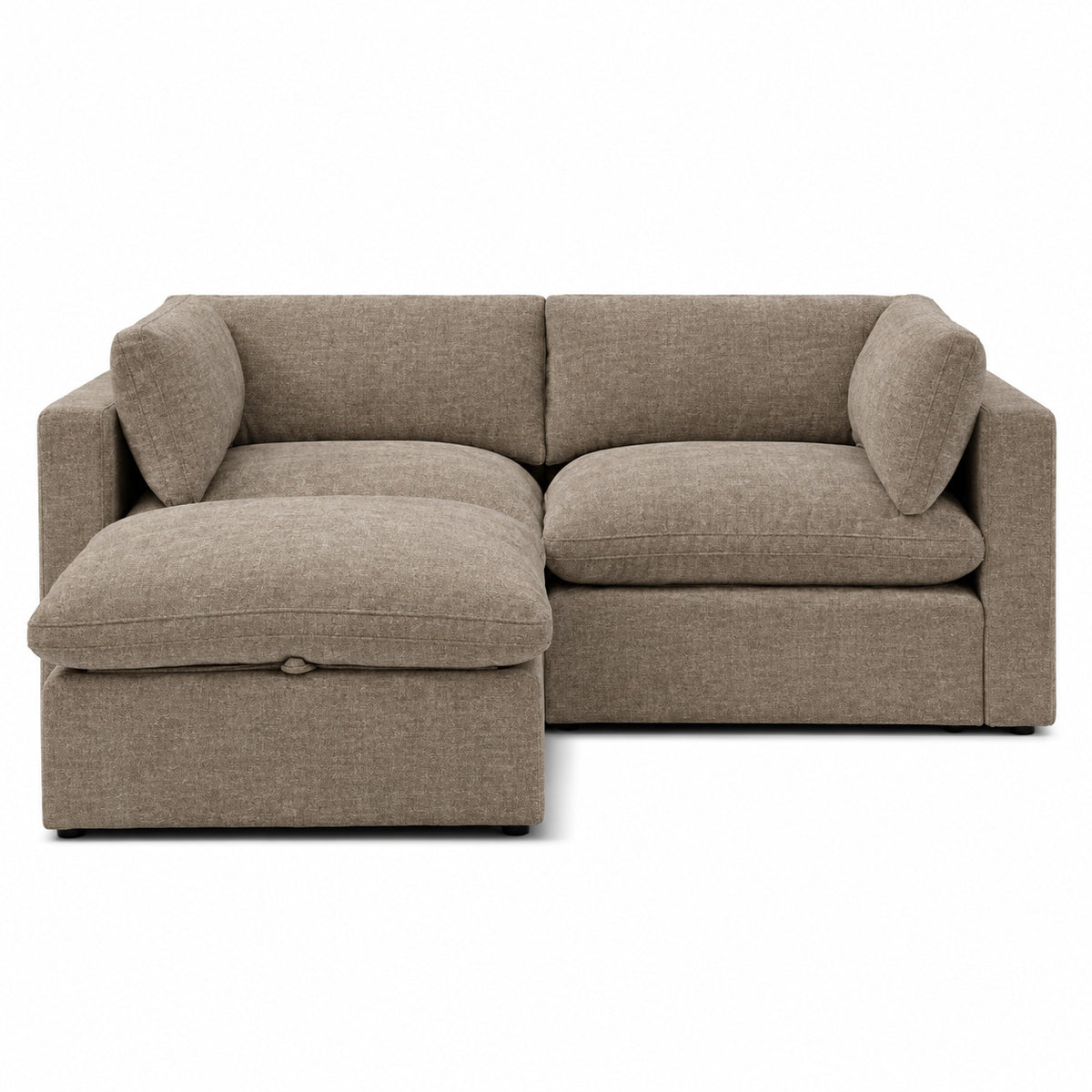 Bellano 2 Seater Sofa + Footstool — Luxe Chenille Mocha — Pillow — Extra-soft fibre & feather