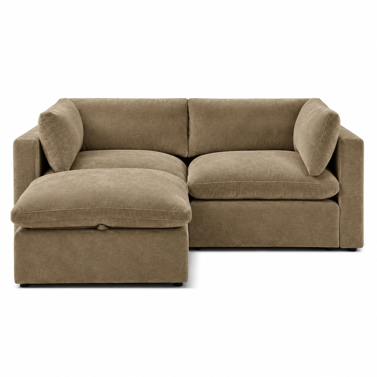 Bellano 2 Seater Sofa + Footstool — Plush Velvet Champagne Mink — Pillow — Extra-soft fibre & feather