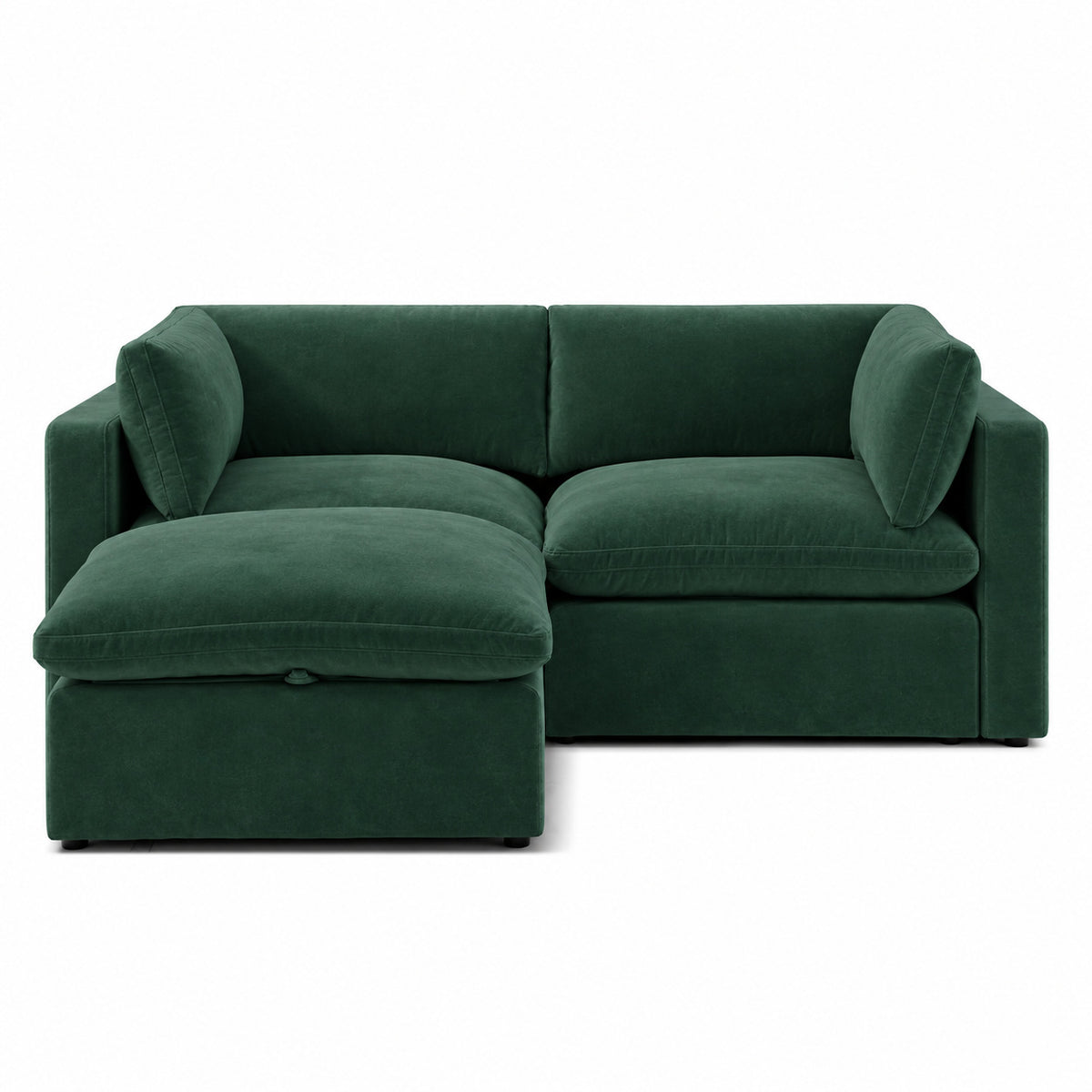Bellano 2 Seater Sofa + Footstool — Plush Velvet Emerald — Pillow — Extra-soft fibre & feather