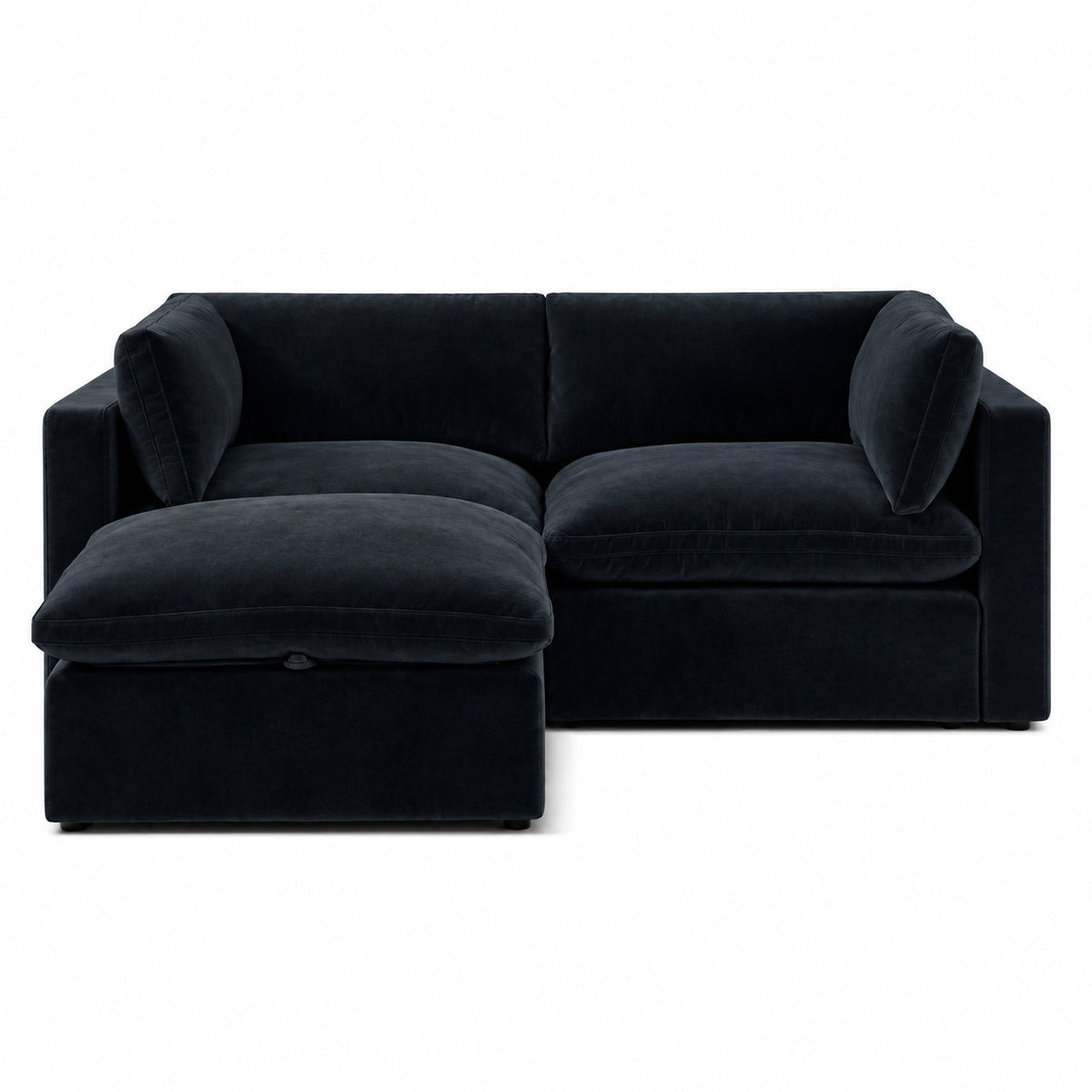 Bellano 2 Seater Sofa + Footstool — Plush Velvet Midnight Noir — Pillow — Extra-soft fibre & feather