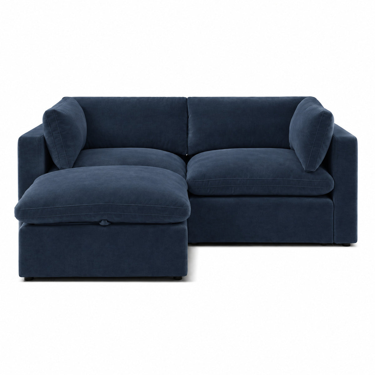 Bellano 2 Seater Sofa + Footstool — Plush Velvet Pacific — Pillow — Extra-soft fibre & feather