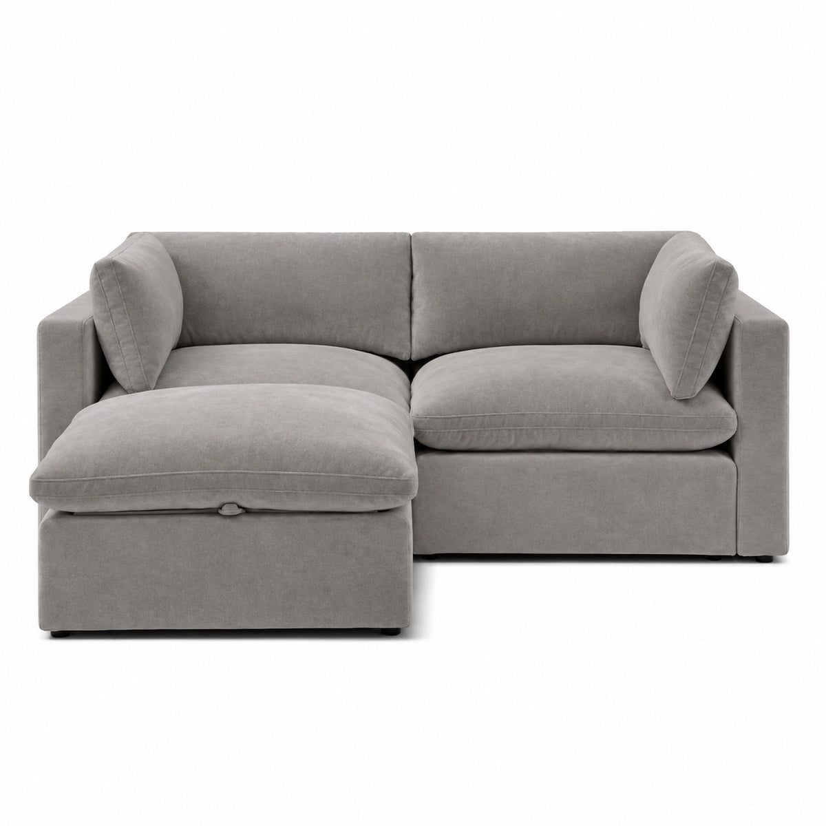 Bellano 2 Seater Sofa + Footstool — Plush Velvet Silver — Pillow — Extra-soft fibre & feather