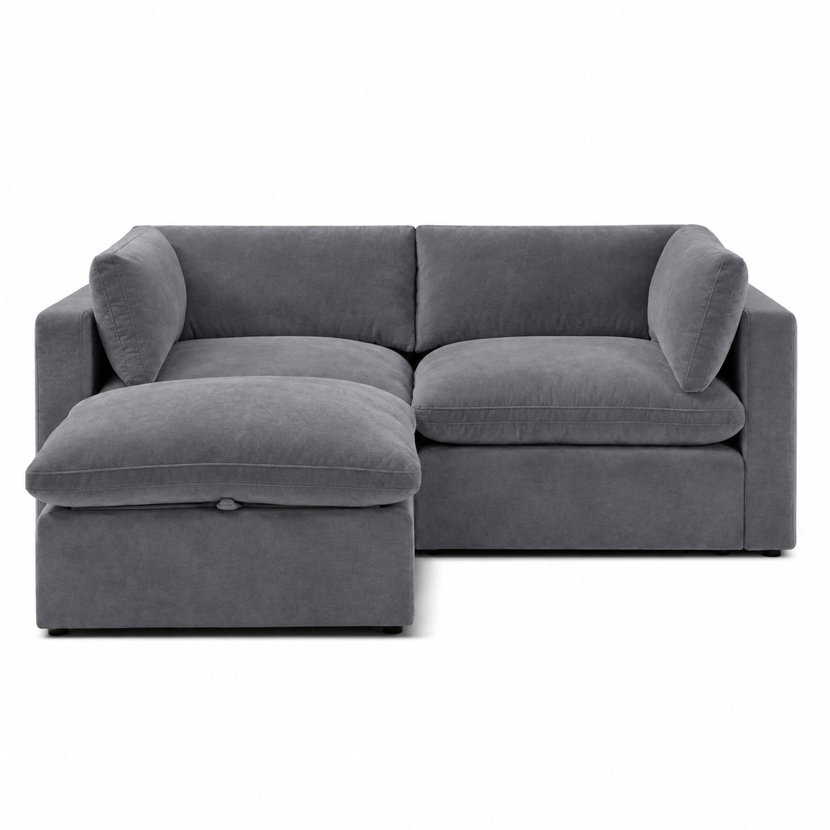 Bellano 2 Seater Sofa + Footstool — Plush Velvet Smoked Steel — Pillow — Extra-soft fibre & feather