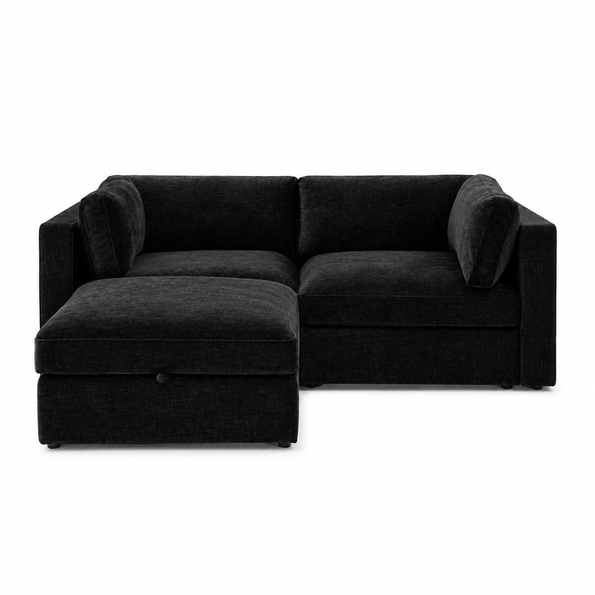 Bellano 2 Seater Sofa + Storage Ottoman — Luxe Chenille Black Top — Box — Supportive memory foam