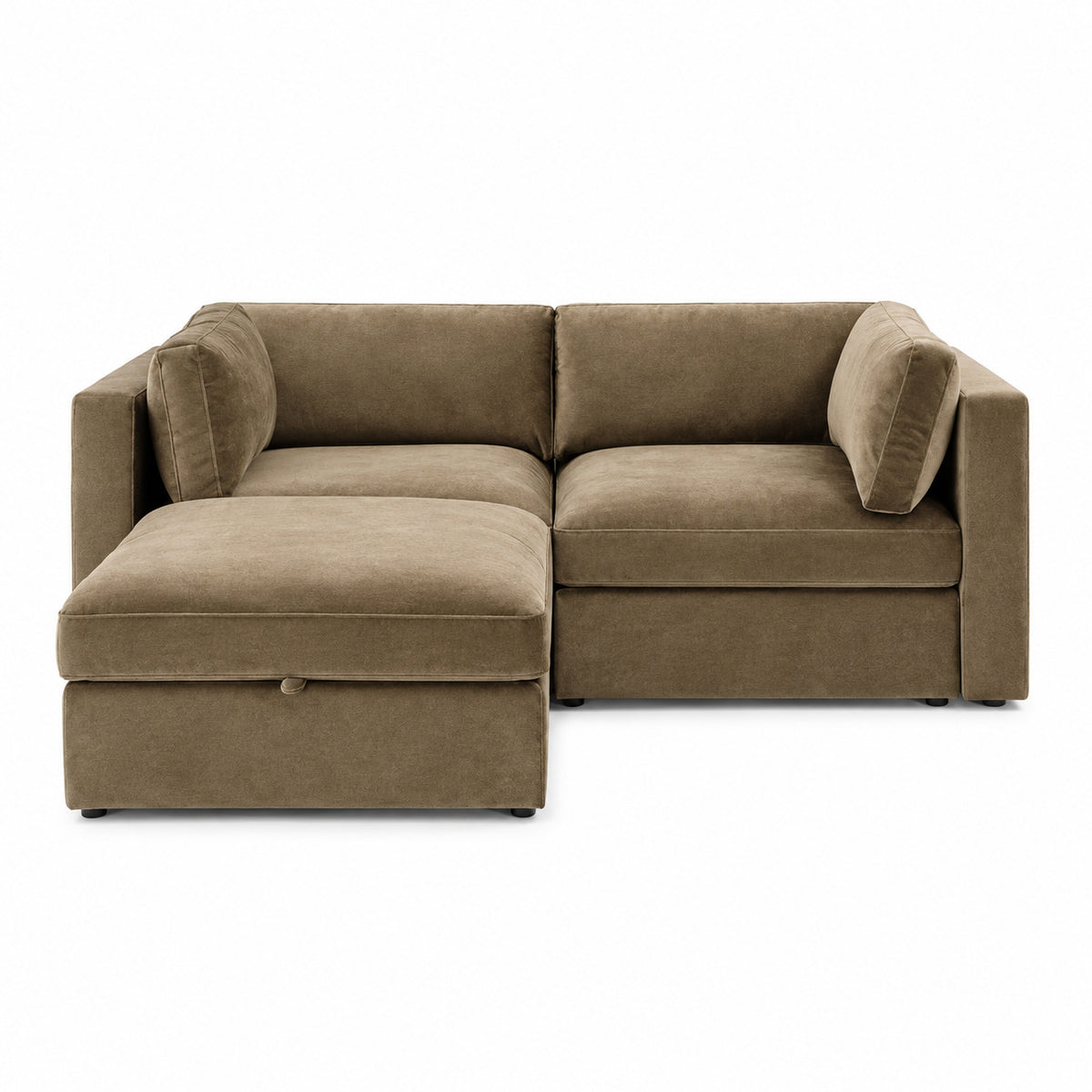 Bellano 2 Seater Sofa + Storage Ottoman — Plush Velvet Champagne Mink — Box — Supportive memory foam
