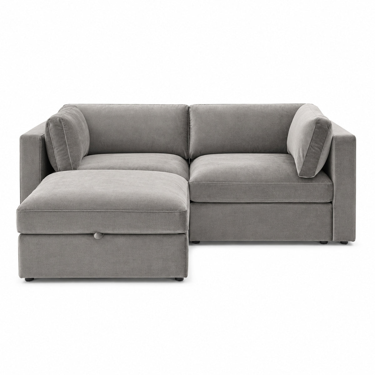Bellano 2 Seater Sofa + Storage Ottoman — Plush Velvet Silver — Box — Supportive memory foam