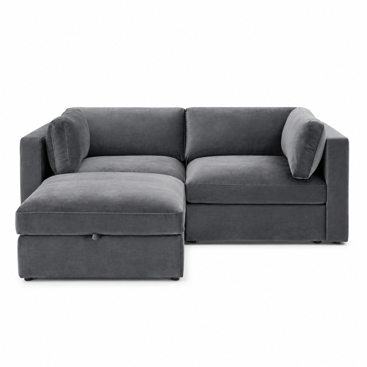 Bellano 2 Seater Sofa + Storage Ottoman — Plush Velvet Smoked Steel — Box — Supportive memory foam