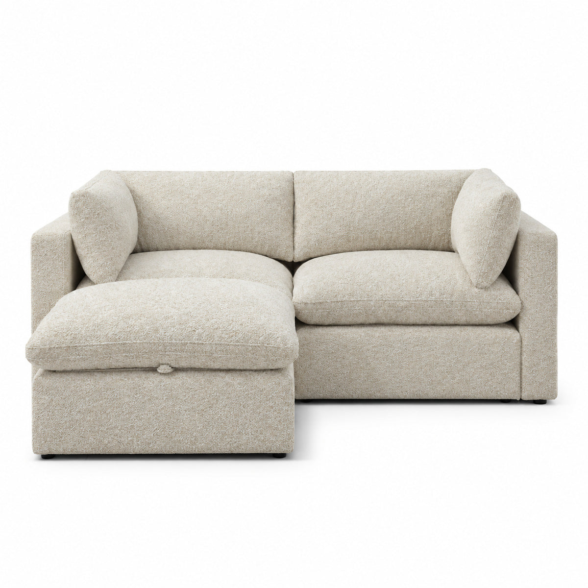 Bellano 2 Seater Sofa + Storage Ottoman — Boucle Meringue — Pillow — Extra-soft fibre & feather