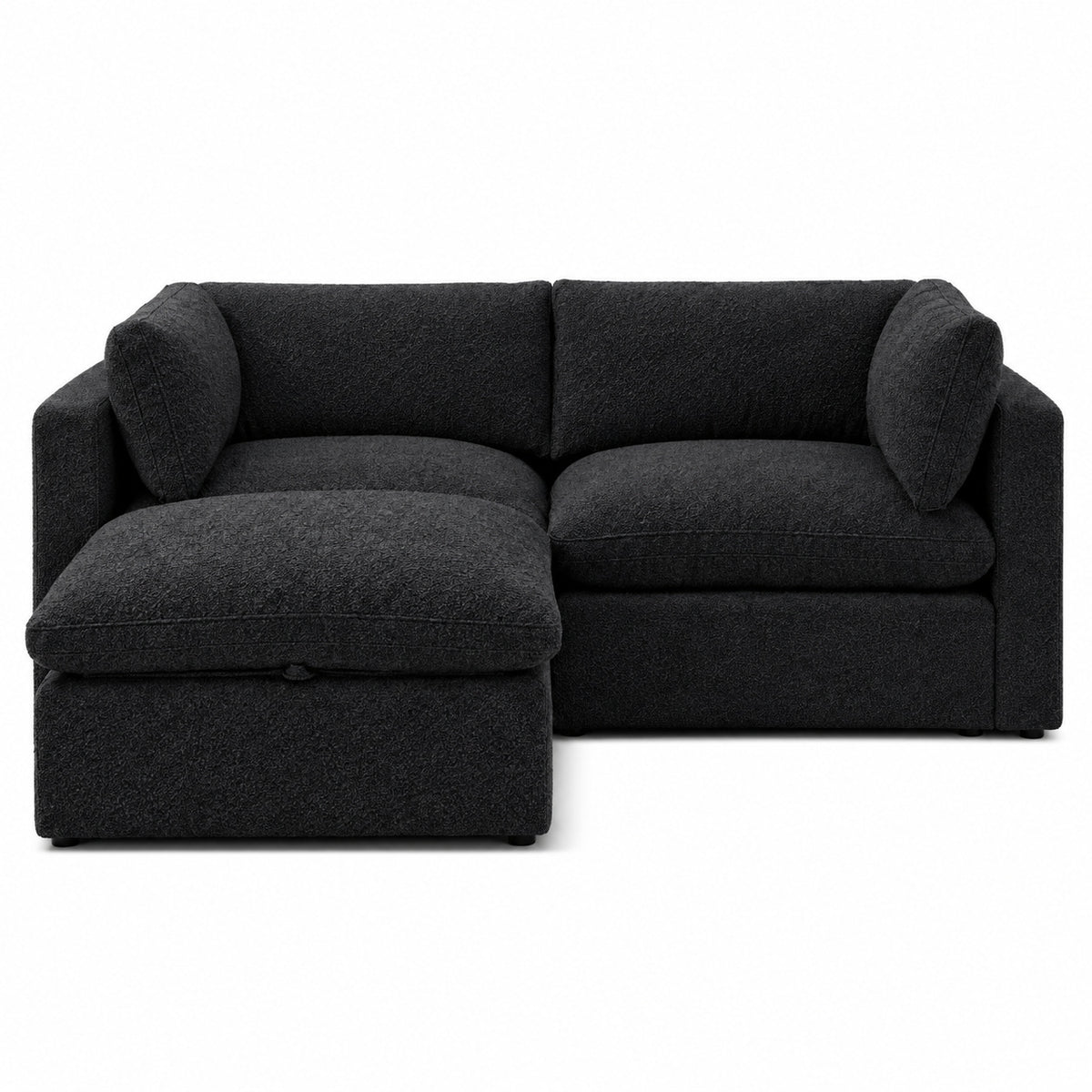Bellano 2 Seater Sofa + Storage Ottoman — Boucle Midnight — Pillow — Extra-soft fibre & feather