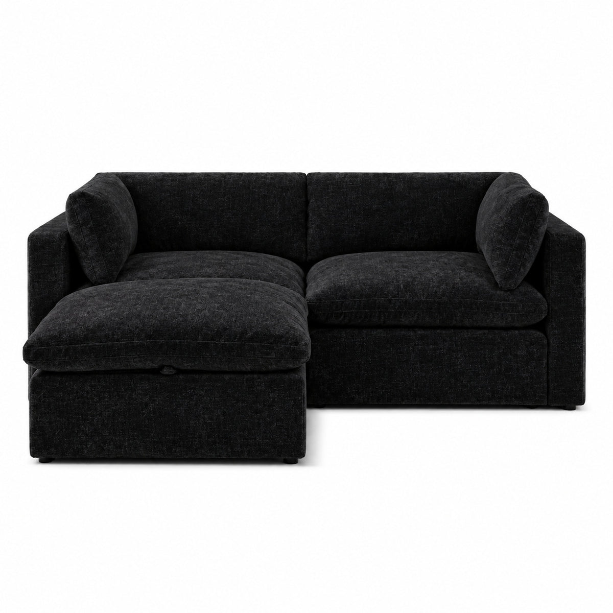 Bellano 2 Seater Sofa + Storage Ottoman — Luxe Chenille Black Top — Pillow — Extra-soft fibre & feather