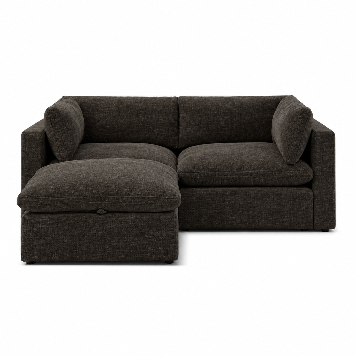 Bellano 2 Seater Sofa + Storage Ottoman — Luxe Chenille Double Espresso — Pillow — Extra-soft fibre & feather