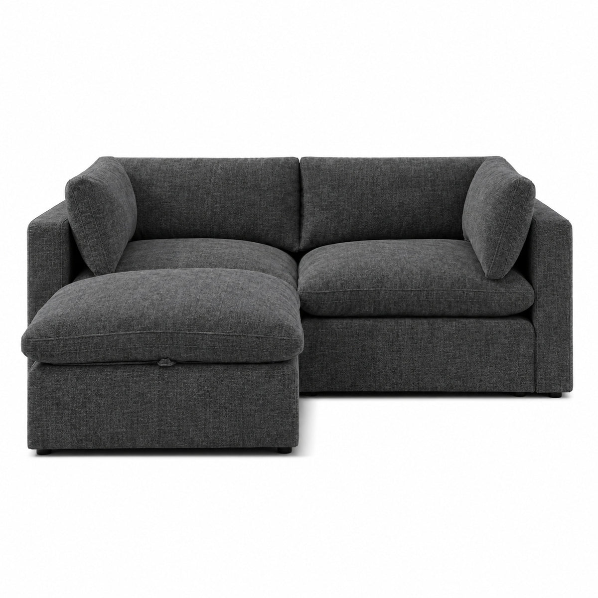 Bellano 2 Seater Sofa + Storage Ottoman — Luxe Chenille Luxe Steel — Pillow — Extra-soft fibre & feather
