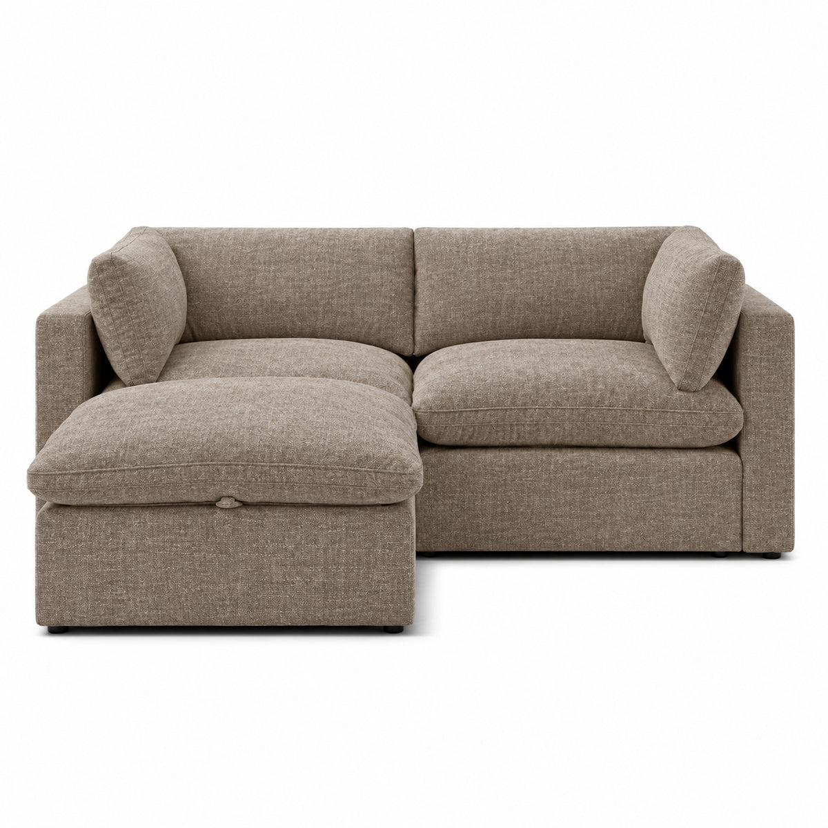 Bellano 2 Seater Sofa + Storage Ottoman — Luxe Chenille Mocha — Pillow — Extra-soft fibre & feather