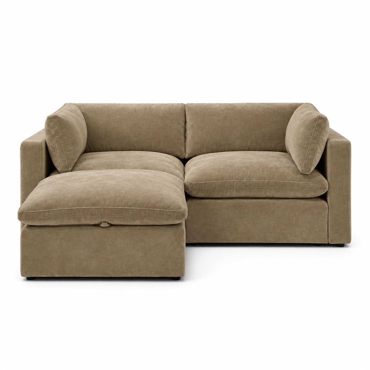 Bellano 2 Seater Sofa + Storage Ottoman — Plush Velvet Champagne Mink — Pillow — Extra-soft fibre & feather