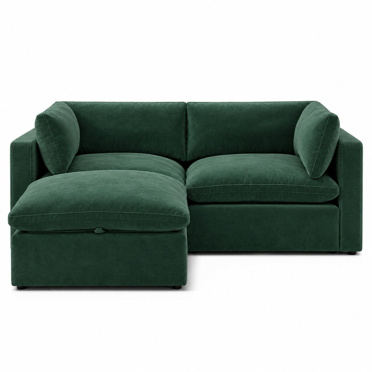 Bellano 2 Seater Sofa + Storage Ottoman — Plush Velvet Emerald — Pillow — Extra-soft fibre & feather