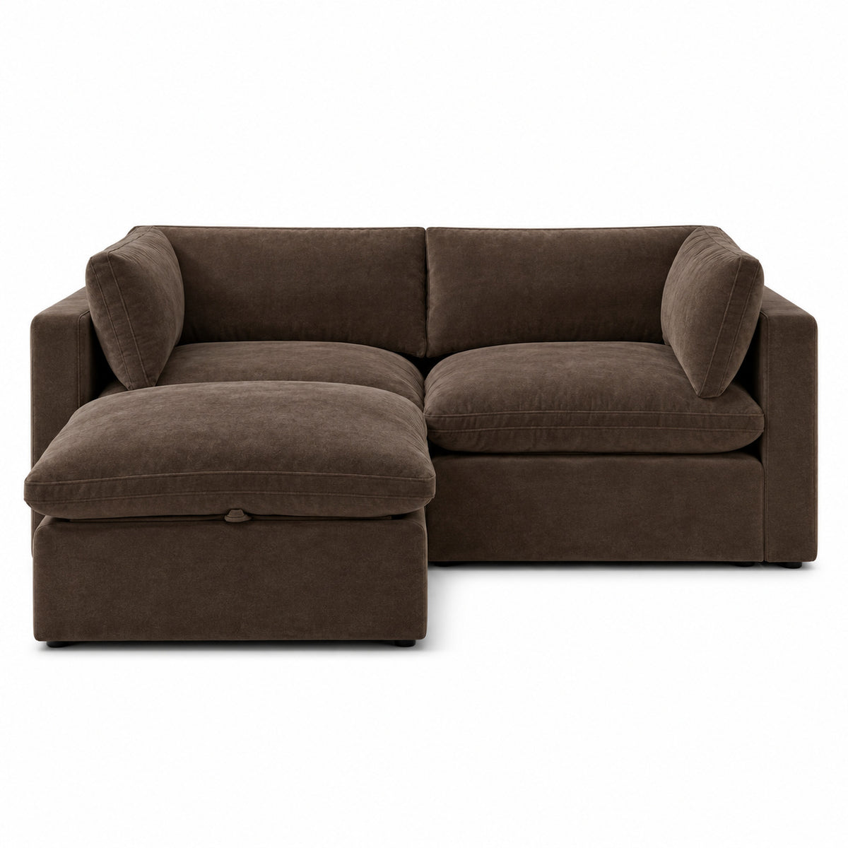 Bellano 2 Seater Sofa + Storage Ottoman — Plush Velvet Espresso — Pillow — Extra-soft fibre & feather