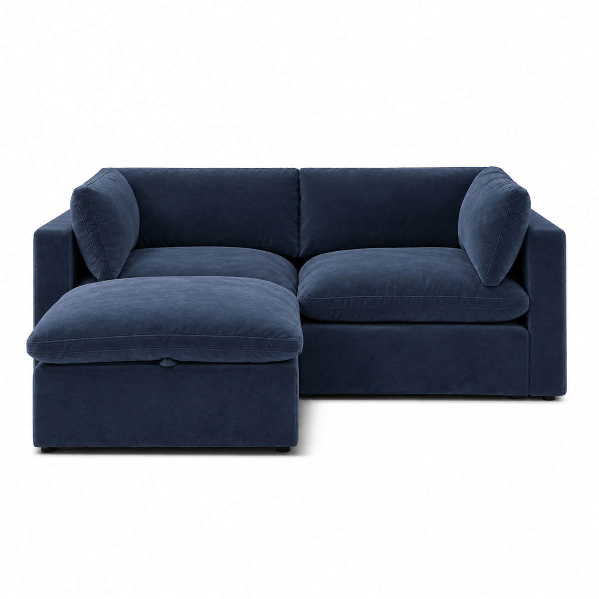 Bellano 2 Seater Sofa + Storage Ottoman — Plush Velvet Pacific — Pillow — Extra-soft fibre & feather