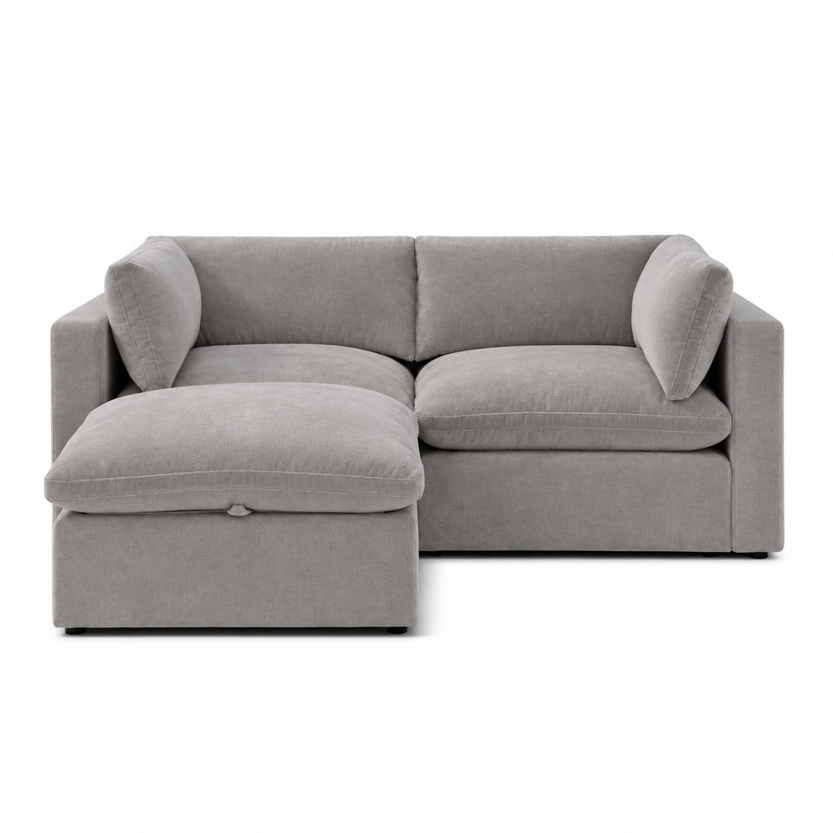 Bellano 2 Seater Sofa + Storage Ottoman — Plush Velvet Silver — Pillow — Extra-soft fibre & feather