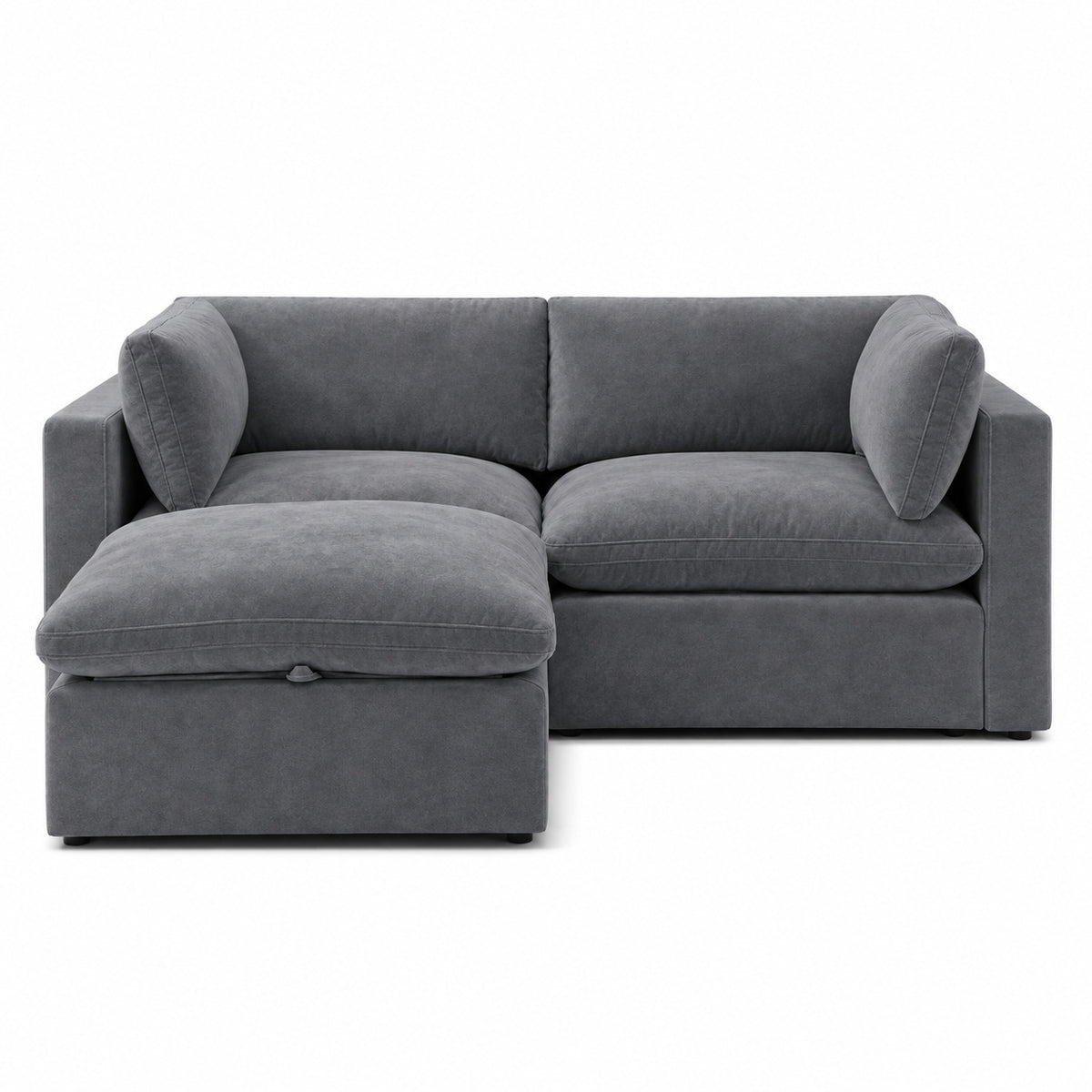 Bellano 2 Seater Sofa + Storage Ottoman — Plush Velvet Smoked Steel — Pillow — Extra-soft fibre & feather