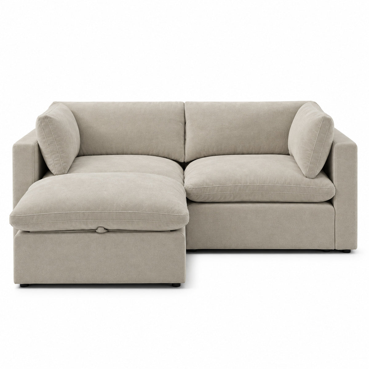Bellano 2 Seater Sofa + Storage Ottoman — Plush Velvet Vanilla Cream — Pillow — Extra-soft fibre & feather