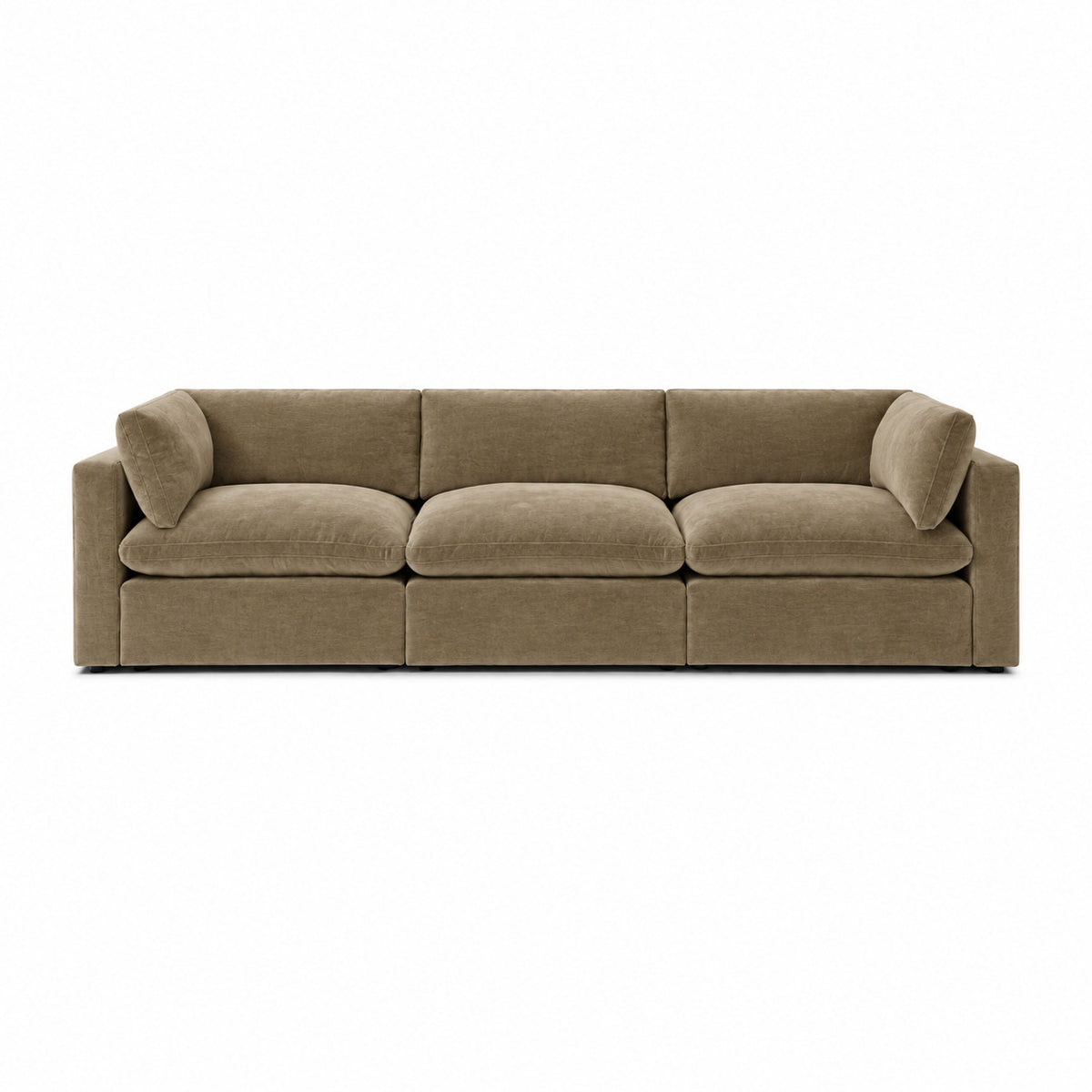 Bellano 3 Seater Sofa – plush velvet champagne mink – pillow cushions