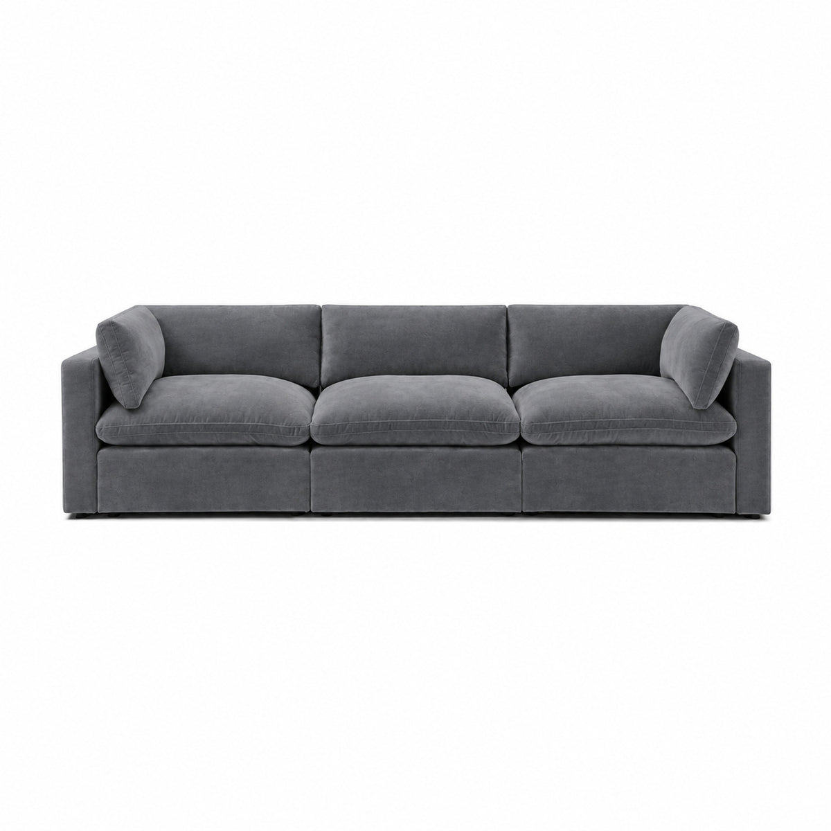 Bellano 3 Seater Sofa – plush velvet smoked steel – pillow cushions