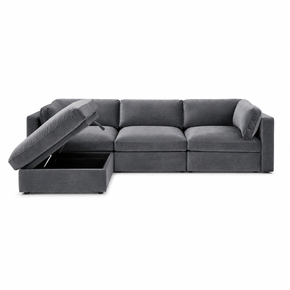 Bellano 3 Seater Sofa + Storage Ottoman — plush velvet Smoked Steel — Box — Supportive memory foam