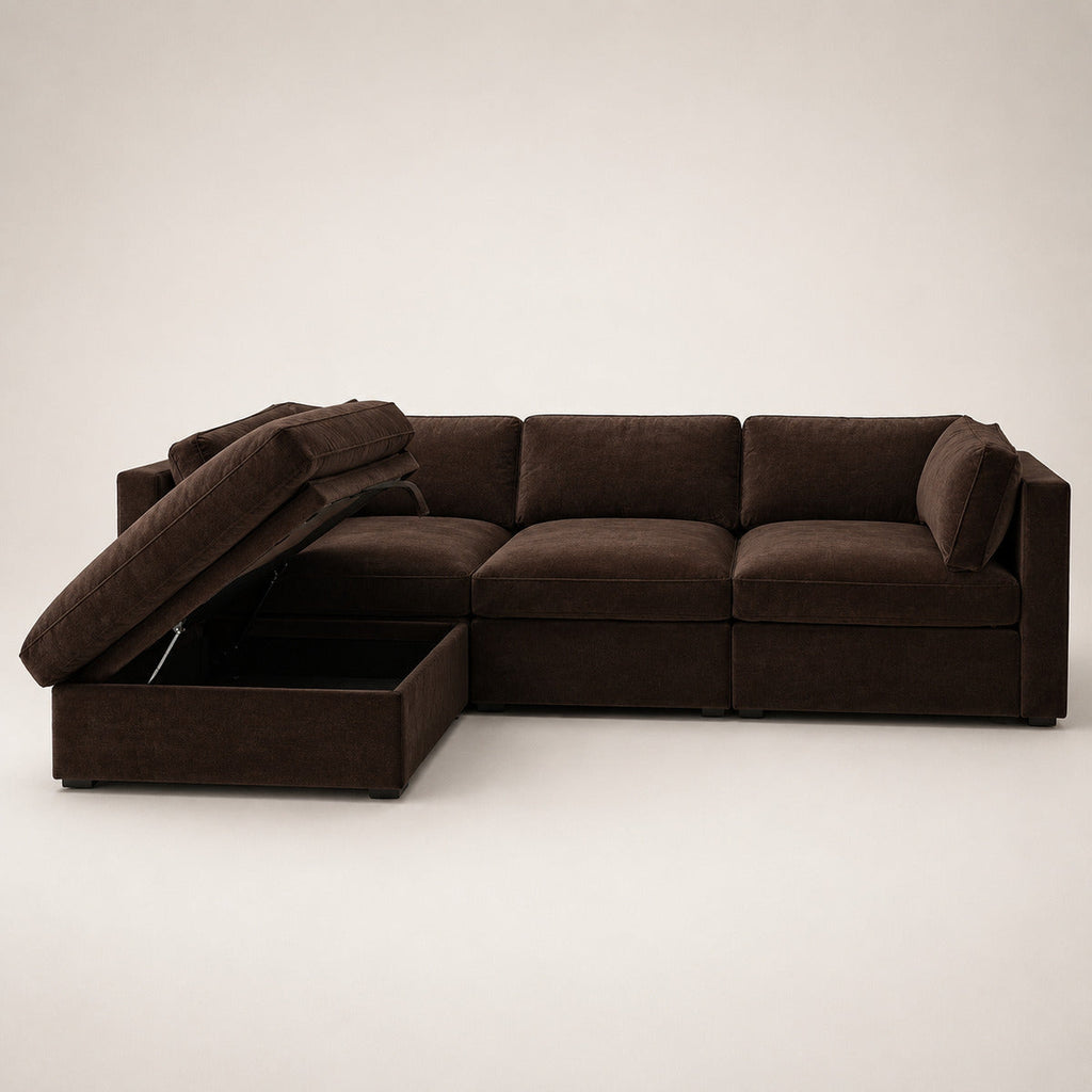 Bellano 3 Seater Sofa + Storage Ottoman in Double Espresso Luxe Chenille