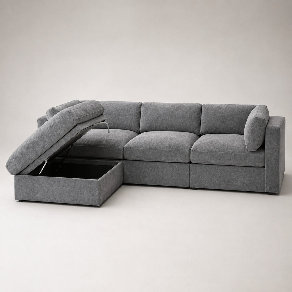 Bellano 3 Seater Sofa + Storage Ottoman in Luxe Steel Grey Luxe Chenille
