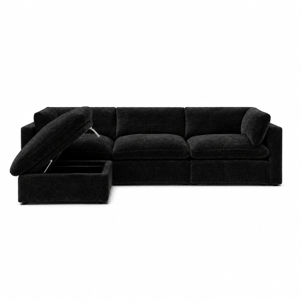 Bellano 3 Seater Sofa + Storage Ottoman — luxe chenille Black Top — Pillow — Extra-soft fibre & feather