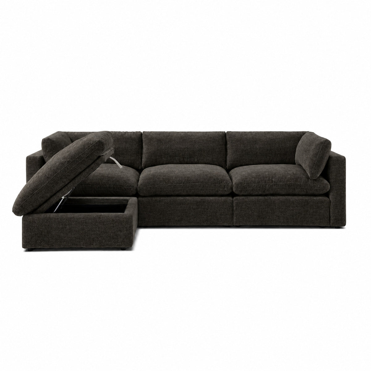 Bellano 3 Seater Sofa + Storage Ottoman — luxe chenille Double Espresso — Pillow — Extra-soft fibre & feather