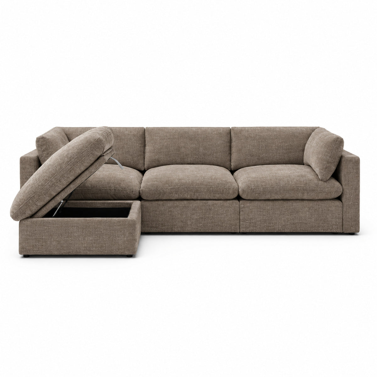 Bellano 3 Seater Sofa + Storage Ottoman — luxe chenille Mocha — Pillow — Extra-soft fibre & feather