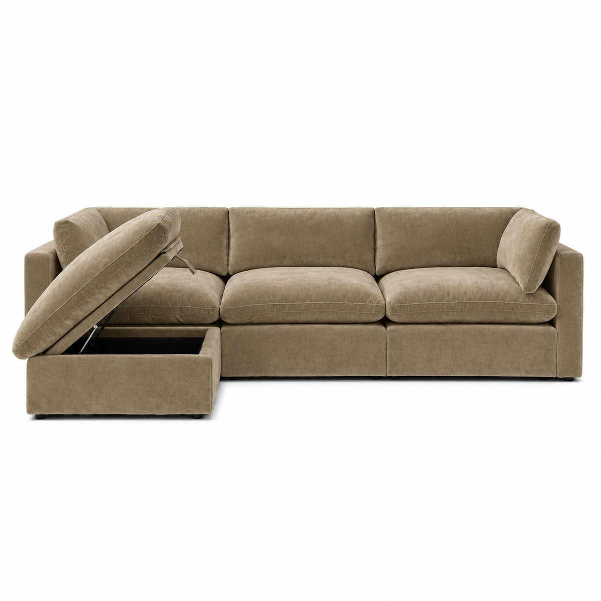 Bellano 3 Seater Sofa + Storage Ottoman — plush velvet Champagne Mink — Pillow — Extra-soft fibre & feather